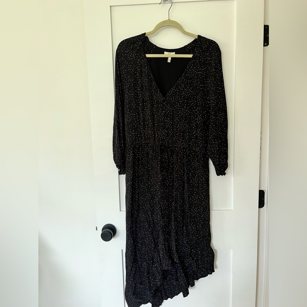 Joie, size L, asymmetrical black dress with red and white heart pattern